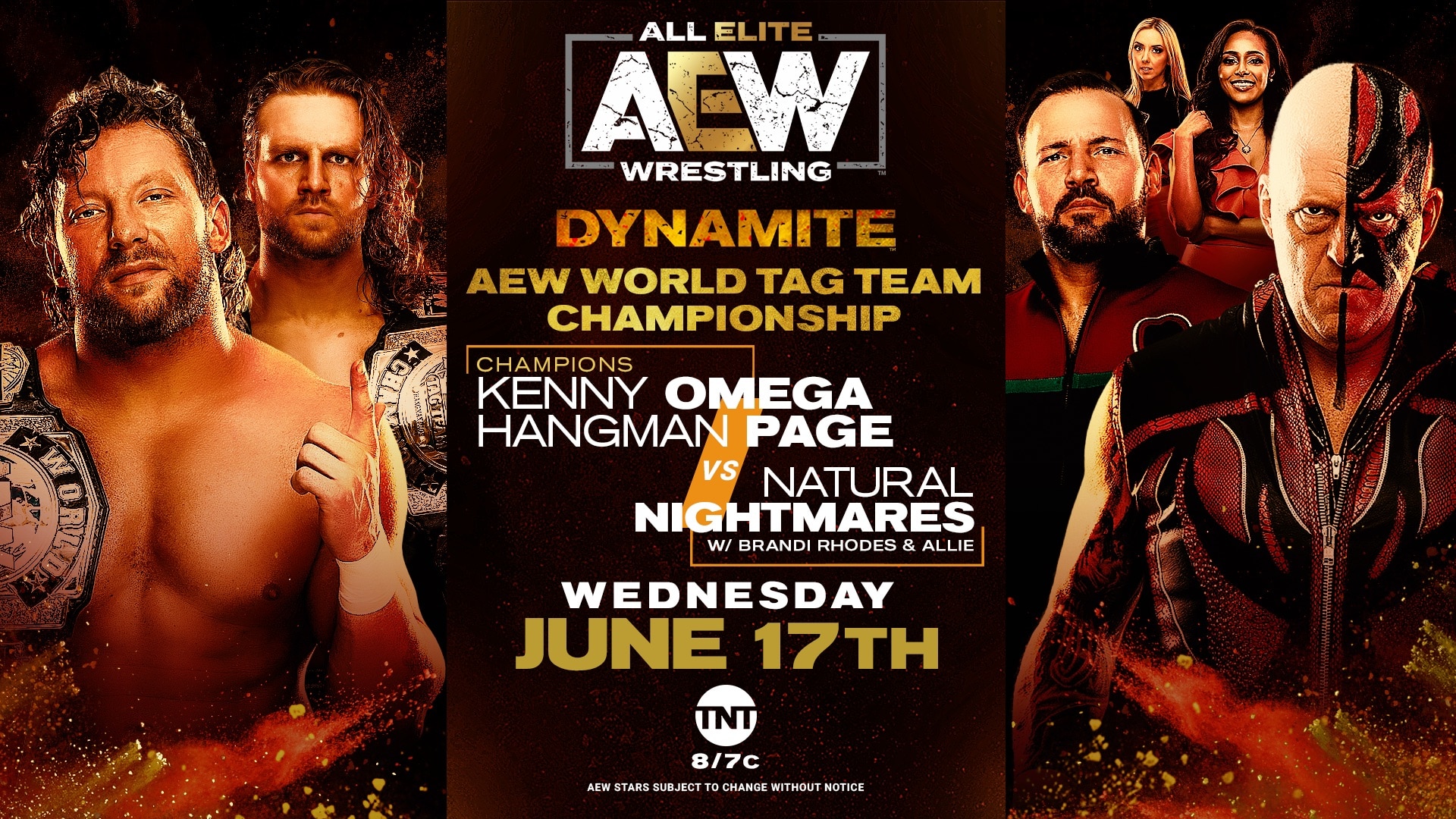 Natural Nightmares challenge the AEW World Tag Team Champions Hangman Page & Kenny Omega graphic.